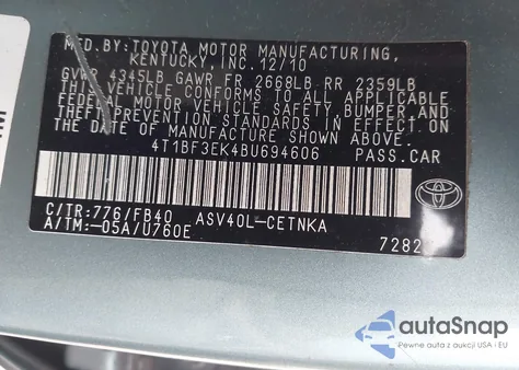 2011 Toyota Camry Le из США, поврежденный, VIN 4T1BF3EK4BU694606